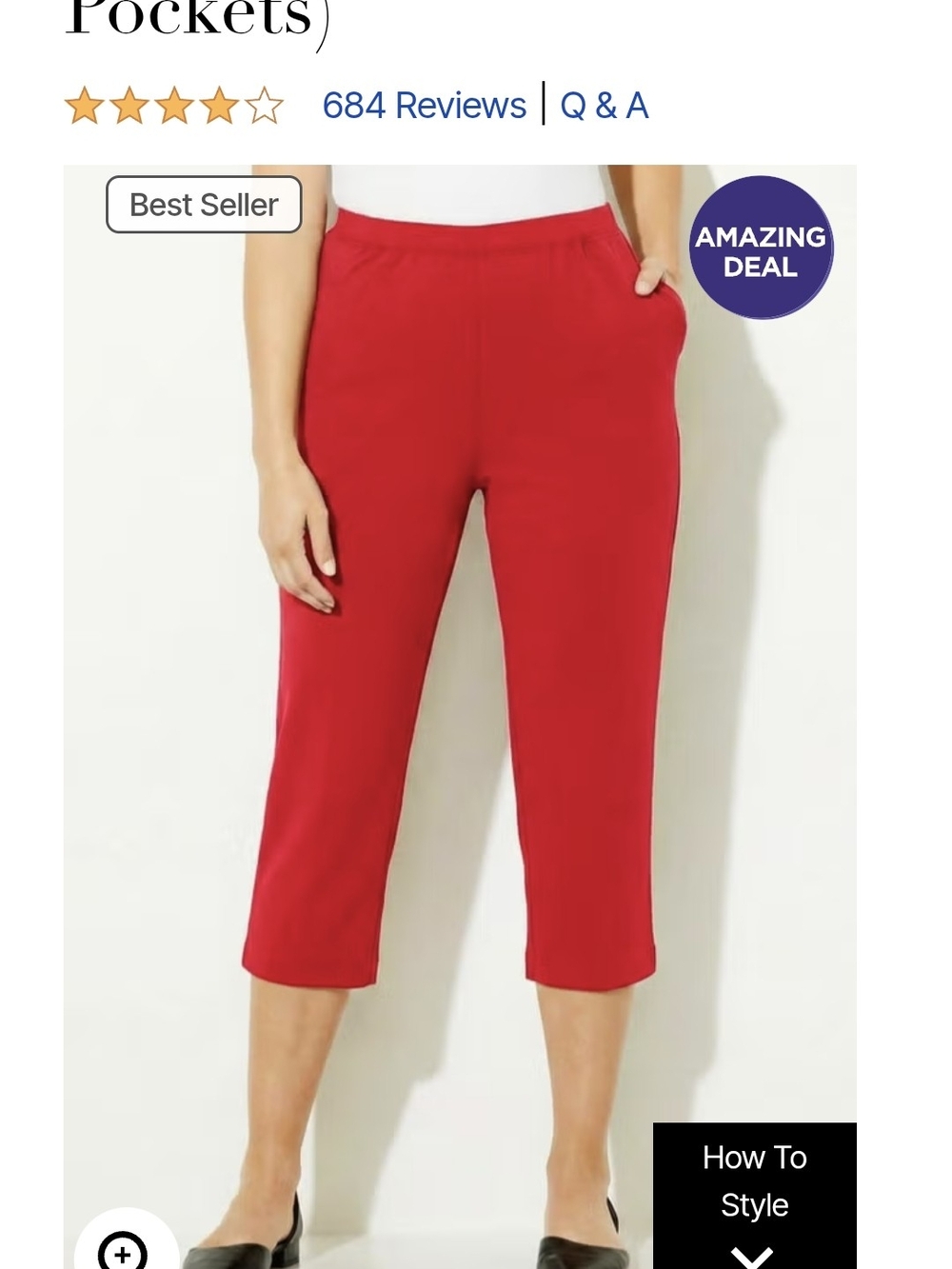 Catherines Red Pull-On Crop Pants with Pockets